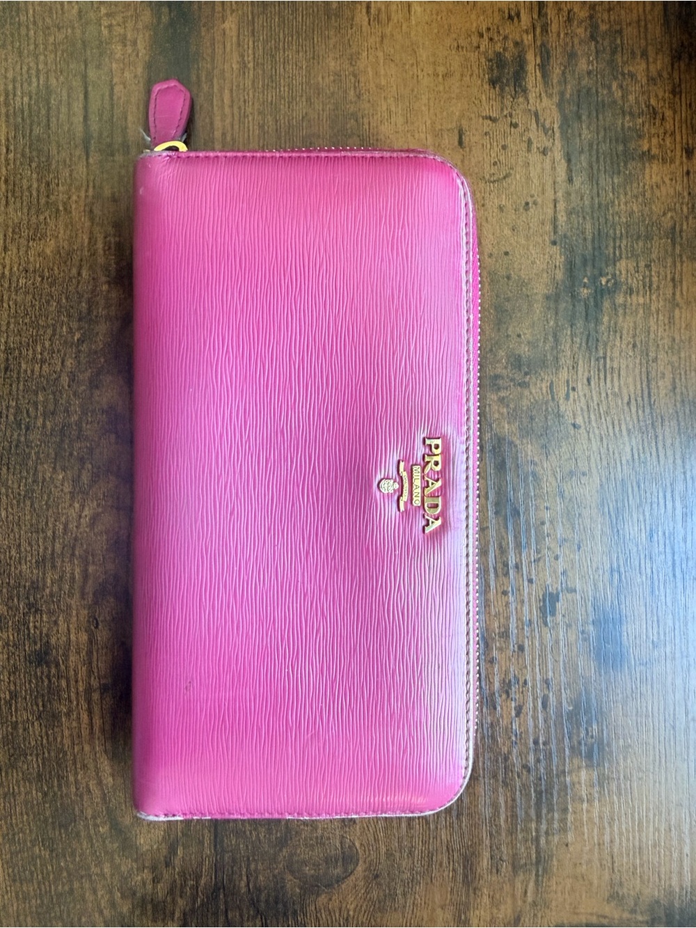 Prada Pink Textured Zip-Around Leather Wallet